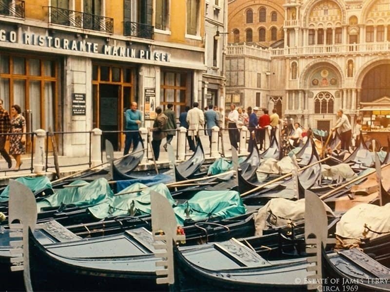 Vintage photo of Venice gondolas moored near St Marks Basilica photographed by James Terry circa 1969