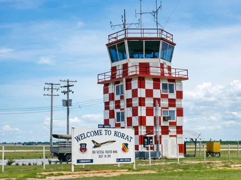 Korat Royal Thai Air Force Base welcome sign and control tower, home of 388th Tactical Fighter Wing Thailand