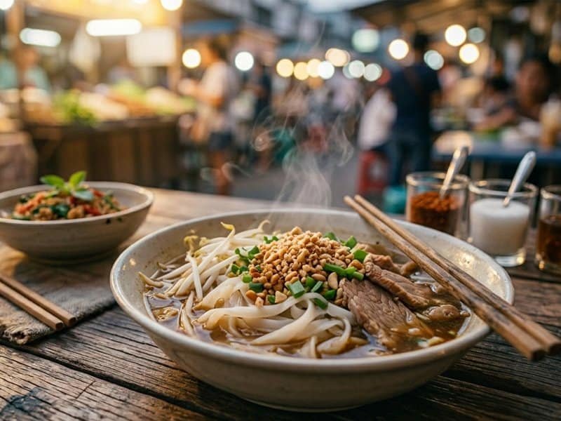 Authentic Thai recipes — noodle soup with bean sprouts and beef at street market