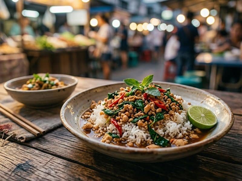 Thai basil chicken with jasmine rice and lime at night market