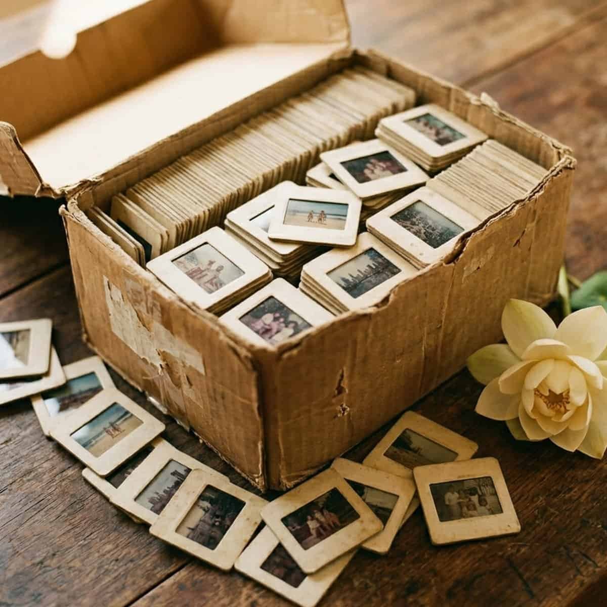 Cardboard box of photographic slides at the heart of Thai food memoir Her Hands His Eyes