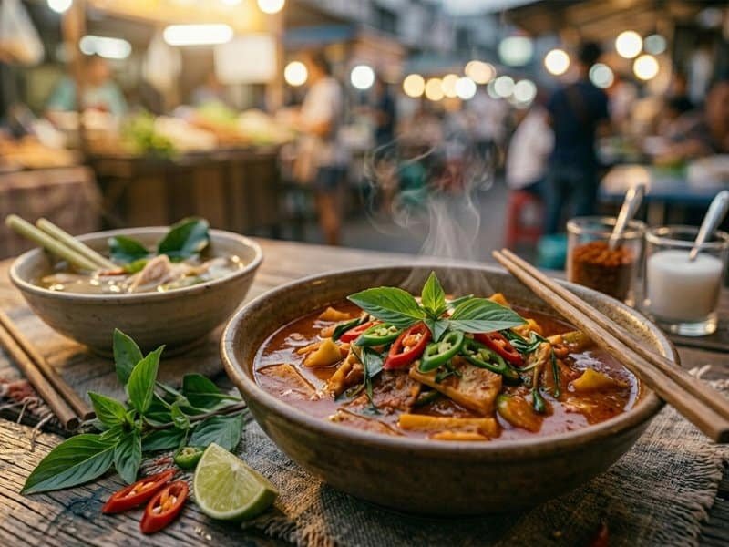 Thai red curry soup with fresh herbs, chili and lemongrass