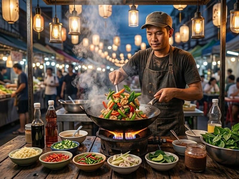 Authentic Thai recipes Chef cooking Thai stir fry in wok at outdoor night market