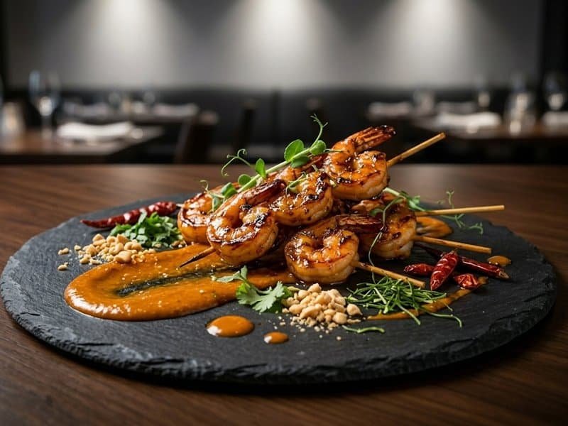 Thai fusion grilled shrimp skewers with peanut sauce on slate plate
