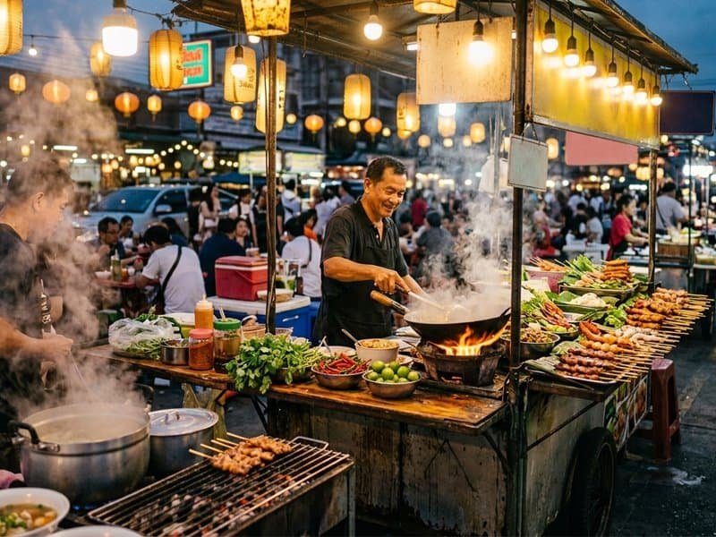 Authentic Thai recipes — street food vendor cooking over open flame at night market