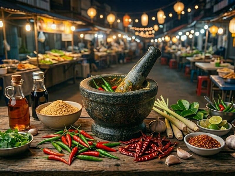 Thai curry paste ingredients with stone mortar and pestle at market